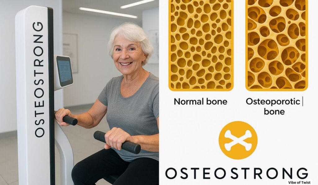 Elderly woman on OsteoStrong machine with bone scan and comparison chart.