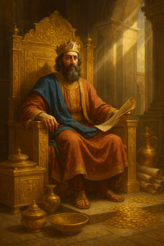 "King Solomon on a golden throne surrounded by wealth and ancient treasures"