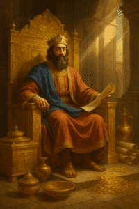 "King Solomon on a golden throne surrounded by wealth and ancient treasures"